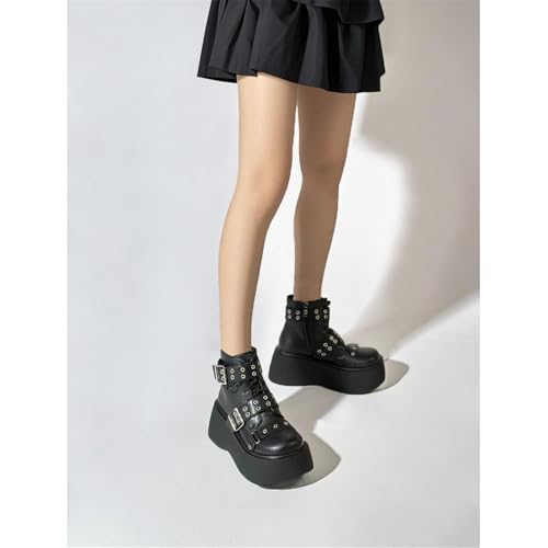 Image of FOREADA Goth Boots Chunky Heel Boot For Women Ankle Combat Booties Black Platform Bootie Buckle Rivets Punk Goth Shoes With Zipper