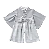 [EMOKA] 袴 ロンパース ベビー 着物 (70cm, グレー/グリッド)