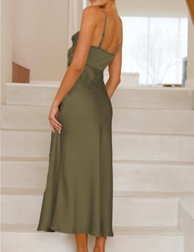 Image of Summer Satin Cowl Neck Midi Dress for Women 2026 Elegant Formal Silk Spaghetti Strap Backless Wedding Guest Dresses Olive