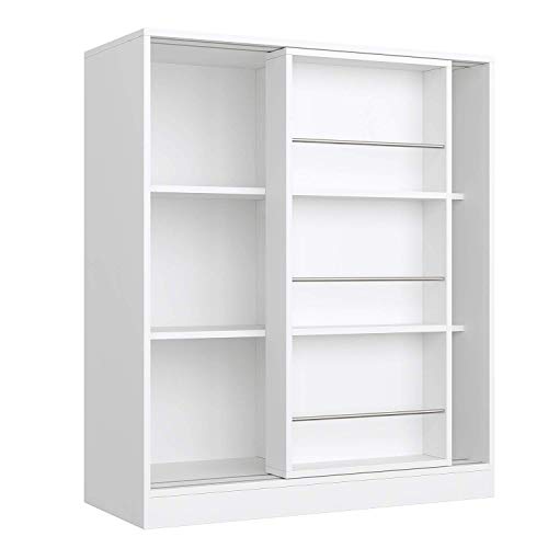 Homfa Bibliothèque à 3 Etagères Meuble de Rangement Etagère de Livres avec Porte Coulissante en Bois 90×37×105cm Blanc