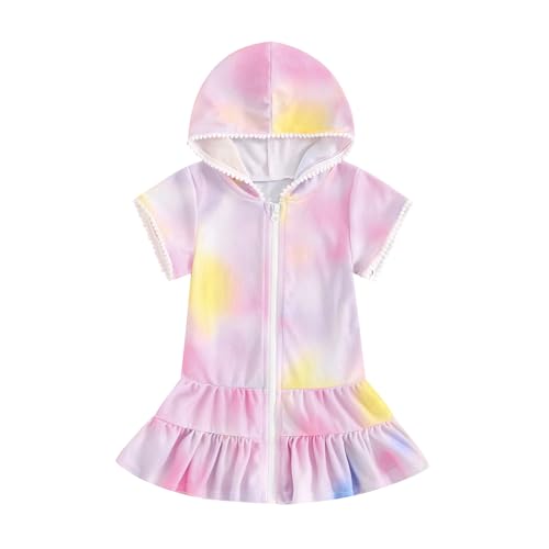 Toddler Girls Swim Cover Up Hooded Zip-Up Terry Swimsuit Coverup Dress Kids Beach Robe Towel Bathrobe Pool - Main Image