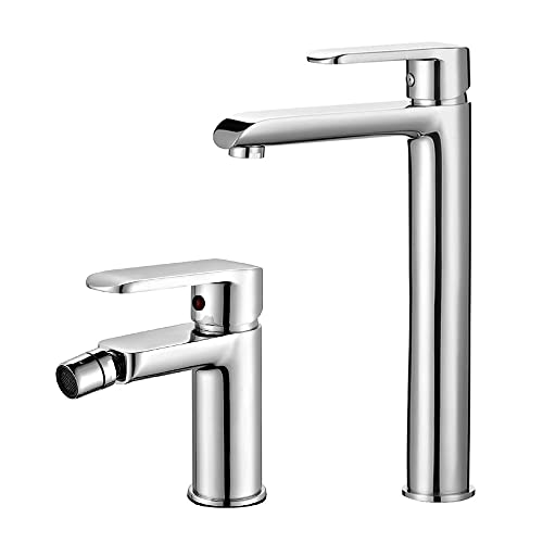 Inbagno Set 2 rubinetti miscelatori lavabo Alto e Bidet Completo di piletta, in Ottone Cromato, Serie Dalila (Set lavabo Alto e Bidet)