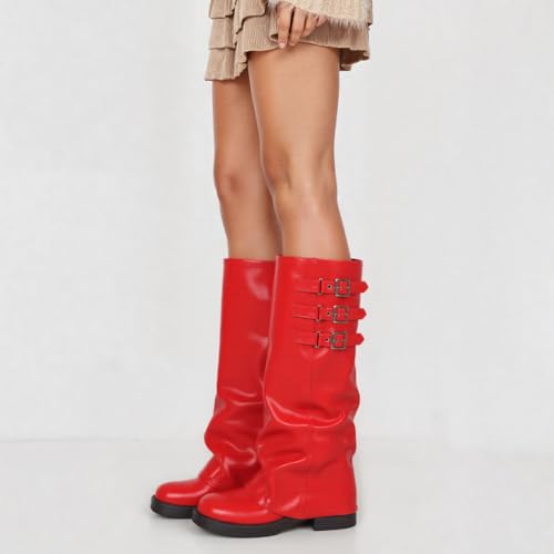 Image of EQAUDES Knee High Boots Women Fall Slouchy Fold Over Tall Boots - Motorcycle, Hidden Zipper, Fashion Buckle, Platform, Square Toe