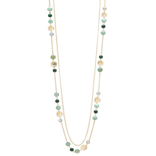 FULU AUTUMN Collier Femme en Or Long Sautoir avec Perles de Pierre Naturelle Double Rang Cadeau Anniversaire Bijoux Fantaisie pour Maman(Jade Green)