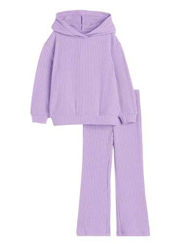 Haloumoning Girls 2 Pieces Outfits Ribbed Knit Hoodies Flare Pants Sweatshirts and Sweatpants Kids Tracksuits 4-14 Years