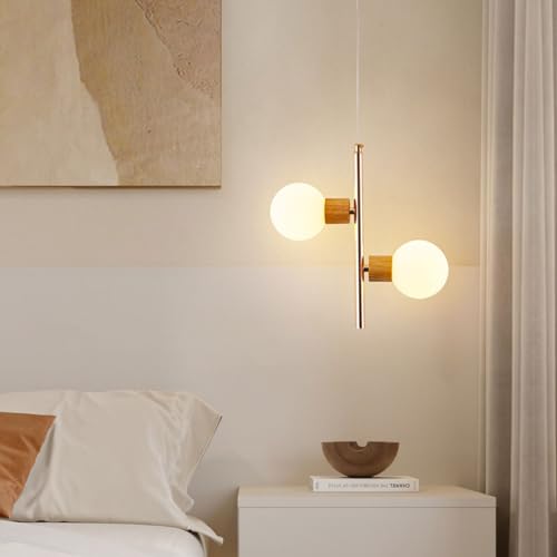 Lámpara de techo moderna con forma de globo y base de madera de 2 luces 5