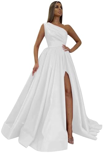 GUKARLEED Women's One Shoulder Satin Prom Dresses High Slit Ruched Formal Evening Gowns Long Wedding Guest Dress with Pockets