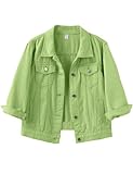Locachy Womens 3/4 Sleeve Short Denim Jacket Lapel Button Down Cropped Trucker Jean Jackets Coats Light Green L