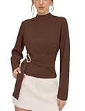 TERIVEEK Elegant Tops for Women Buckle Tie Stand Collar Belted Long Sleeve Top 2025 Fall Casual Blouse Shirt Brown