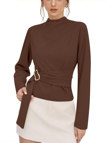 Sujama Elegant Tops for Women Buckle Tie Blouse Stand Collar Belted Long Sleeve Shirts 2026 Tie Waist Shirt Tops