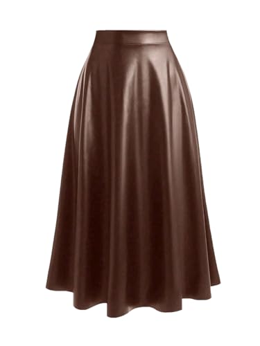 winkbay Women's Plus Size Faux Leather Skirt Fall Casual High Waisted A Line Going Out Long Skirts Coffee Brown 3X-Large Plus