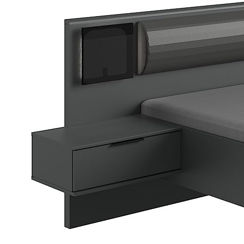 Lomadox Schlafzimmer Set mit Schubkastenkommode, 2-türigem Kleiderschrank mit Schwebetüren, Bett 160x200cm inkl. mit Nachtkommoden mit LED, Schlafzimmermöbel in Graphit mit schwarz – Bild 8