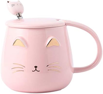 Angelice Home Pink Cat Mug, Cute Kitty Ceramic Coffee Mug with Stainless Steel Spoon, Novelty Coffee Mug Cup for Cat Lovers Women Girls