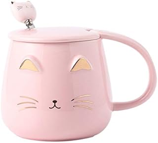 Angelice Home Pink Cat Mug, Cute Kitty Ceramic Coffee Mug with Stainless Steel Spoon, Novelty Coffee Mug Cup for Cat Lovers Women Girls
