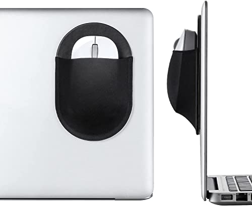 Epessa Universal Stick-On Mouse Pouch, Holder for Wireless Mouse, Sleeve for Laptop, Reusable Adhesive, No Glue Residue, Compatible with iPad or MacBook (Black)