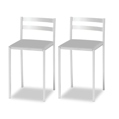 2 Taburetes de Cocina con Respaldo bajo, Franjas horizontales y Asiento tapizado - Estructura Color Blanco - Asiento en Polipiel Gris
