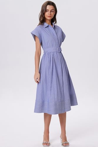 Image of Ladyful Women Casual Button Down Shirt Dress Short Wing Sleeve Buiness Midi Shirt Dress with Belt Elegant Dress