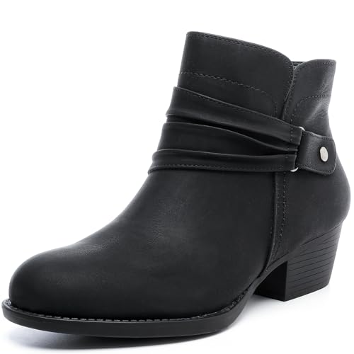 Luoika Women's Wide Width Ankle Boots - Black Brown Short Boots Block Low Heel Side Zipper Booties.