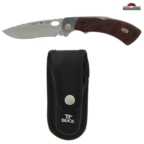Buck Knives 556 Open Season Skinner Folding Knife with Sheath, Dymalux Red Wood Handle, 3-3/4' 420HC...