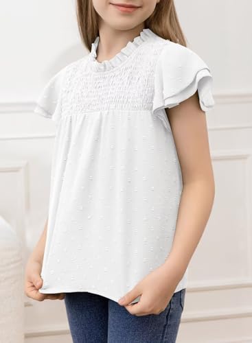Image of DOKOTOO KIDS Girls Tops Short Sleeve Shirts Summer Blouse Size 6-15 Years | None Elastic Fabric, Ruffle Sleeve, Swiss Polka Dot, Smocked, Crew Neck, Key Hole Back, Dress Spring Outfit, Casual Tee