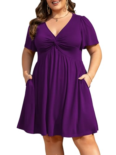 Manllenshie Womens Plus Size Summer Dress Casual Short Sleeves Deep V Neck Twist Knot Front Flowy Dress with Pocket (Purple,2XL)
