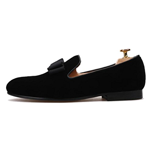 FERUCCI Handmade Men Black Velvet with Black Bow Slippers Loafers3