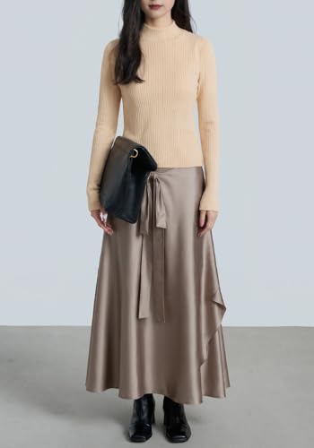 Famnbro Womens Satin Maxi Skirt High Waist Tie Side A-Line Novelty Elegant Work Business Swing Skirts with Pocket2