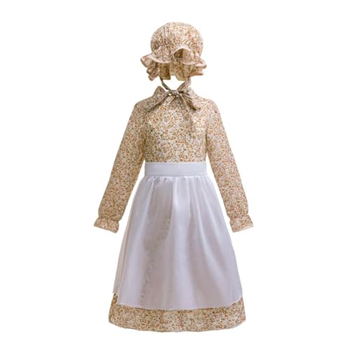 Dressy Daisy Pioneer Colonial Prairie Floral Dress Costume Clothing with Apron and Bonnet Hat for Little Girls Size 6-8