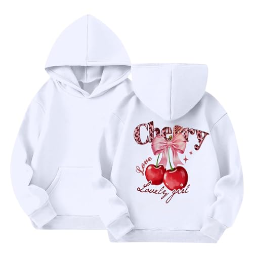 jieGorge Girls Age 9-10 Years Cute Hoodie Sweatshirt Kids Cherry Bow Graphic Hoodies Long Sleeve Pullovers Tops Fall Winter Thick Oversized Clothes with Pocket for Teens Boys Girls White