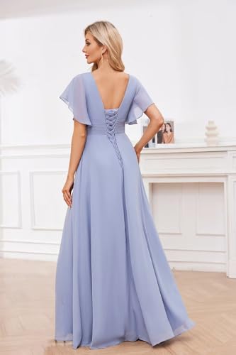 Flutter Sleeves Chiffon Bridesmaid Dresses Long with Pockets A-Line V Neck Formal Wedding Guest Dresses for Women2