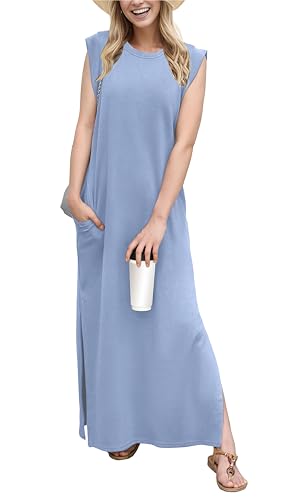 Image of GRECERELLE 2026 Women Year-Round Casual Round Neck Loose Split Wrinkle-Free Long Maxi Vacation Dress with Pockets (XXS-4XL)