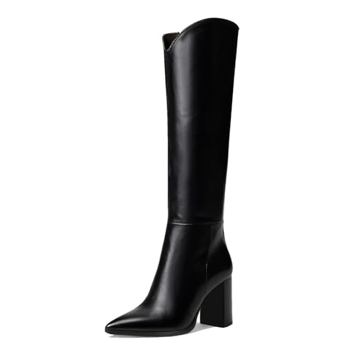 ZJGZF Black Knee High Boots for Women, Comfortable Chunky High Heel Pointed Toe Wide Calf Leather Tall Boots with Side Zip