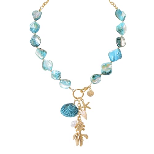 Image of Coiris Natural Seashell Choker Necklaces Earrings Jewelry Set for Women Starfish Shell Freshwater Pearl Collar Necklaces for Women Irregular Mother of Pearl Jewelry Set