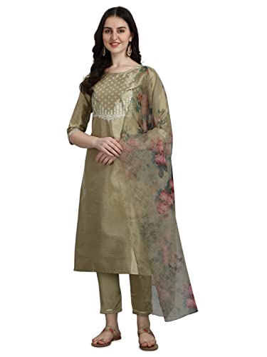 Image of VredeVogel Women's Silk Blend Embroidered Straight Kurta Pant Set with Organza Dupatta