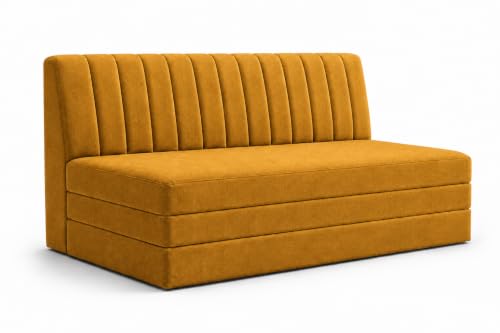Image of Three Seater Sofa Bed, Velvet Fabric Foldable Sofa Cum Bed with Soft Foam Cushioning, Convertible Floor Couch for Living Room, Guest Room & Home Use (Golden, Pre-Assembled)