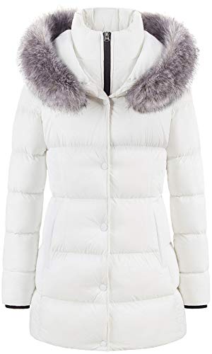 Womens' Mid Length Puffer Coat Winter Warm Jacket With Fur Hood Beige L