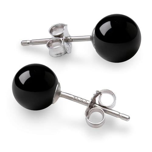 Belacqua Round Natural Black Onyx Gemstone Stud Earrings in Sterling Silver Gemstone Size - 6mm Jewelry for Women Gift Box Included