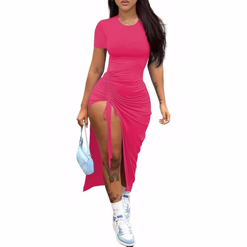 Image of Nimsruc Women Sexy Summer Dresses Short Sleeve Thigh-high Slit Ruched Bodycon Maxi Club Cocktail Party Dress