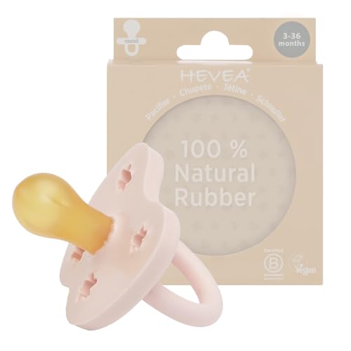 HEVEA Chupete de goma natural, redondo, 3-36 meses, diseño higiénico de una pieza, para recién nacidos y niños, sin BPA, suave y duradero, paquete individual (rosa polvo)