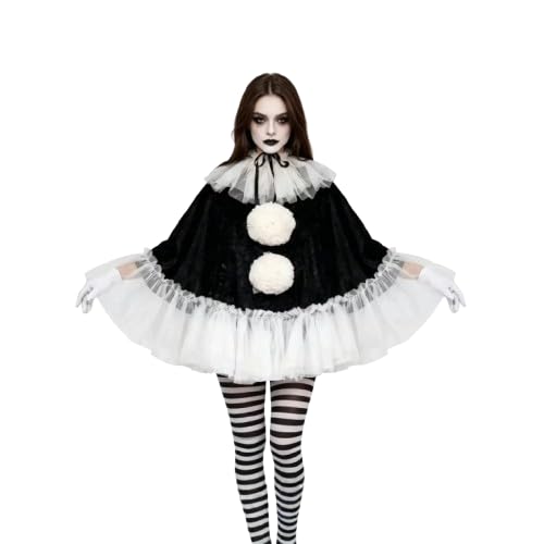 Women'S Clown Costume, Black White Halloween Mesh Cloak With Hat 3 Pieces Halloween Cosplay Outfits, Halloween Costumes For Women Ruffle Cloak Tulle Ruffle Neck Collar Striped Pantyhose Outfit