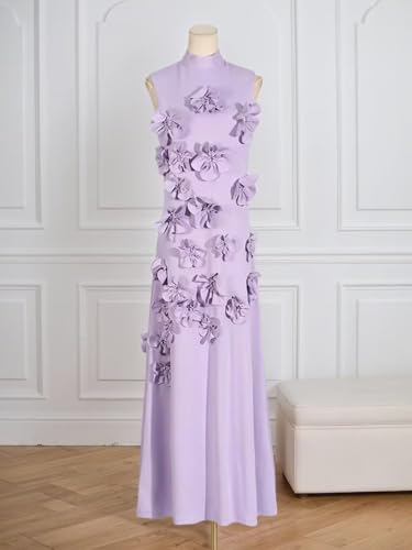 3D Flower Satin Mother of The Bride Dresses for Women High Neck Formal Wedding Guest Dress4