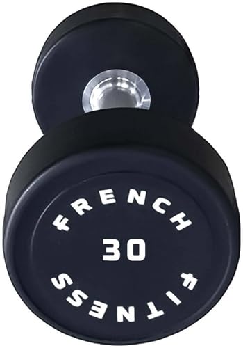 French Fitness 30 lb Urethane Round Pro Style Dumbbell - Single, Durable & Shock-Resistant with Knurled Handle for Enhanced Grip, Odorless for Long-Lasting Performance