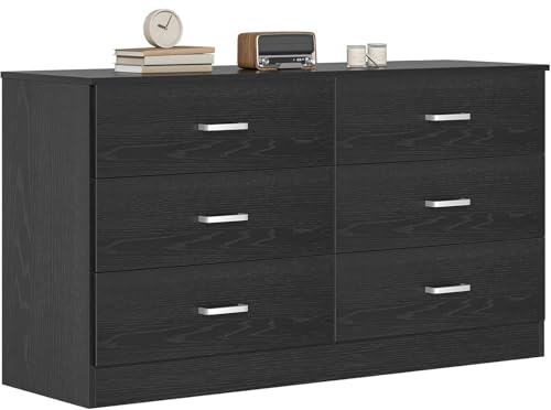 Bigbiglife Wood Dresser for Bedroom, 6 Drawer Double Dresser with Metal Handles, Sturdy and Modern Chest of Drawers (Black)