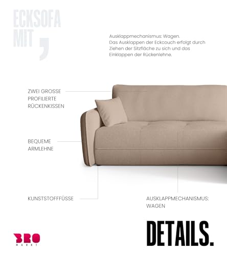 BROMARKT Ecksofa mit Schlaffunktion Couch mit Bettkasten Wohnzimmer Möbel Freistehend Wellenfedern Schlafsofa Sofa Boucle Wohnlandschaft L Form 3 Sitzer 263x150x85 cm Milchkafee – Bild 7