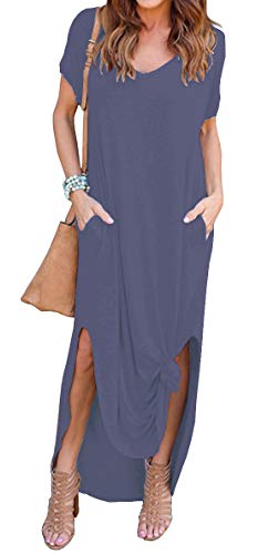 Image of GRECERELLE Women's Summer Maxi Dress Casual Loose V Neck Short Sleeve Side Split Long Dresses with Functional Pockets