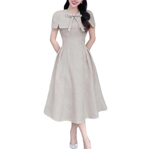 Women's Summer Pleated Round Neck Short Sleeve Tie Bow A-Line