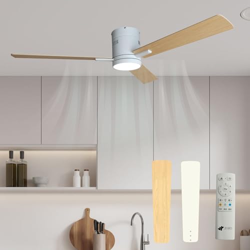 JR BRO Ventilateur de plafond avec lumière et télécommande, LED avec 3 couleurs, éclairage réglable, silencieux, Ø132 cm, 6 vitesses, minuteur, mode...