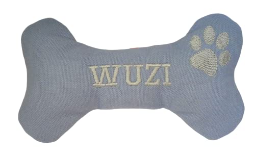Handmade Welpen Hunde Spielzeug Hundespielzeug Quitscher Knochen Pfote mit Name Bestickt personalisiert (Blau)