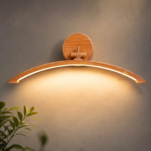 Image of Glowave Modern Curved Wooden Finish LED Mirror Light for Bedroom & Bathroom - Tricolour (Warm White, White, Natural White) (876-WD)