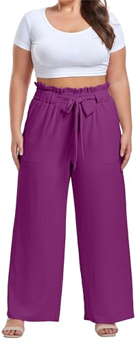Image of OLRIK Women's Plus Size Pants Adjustable High Waisted Wide Leg Palazzo Pants Casual Trousers with Pockets Spring Clothes